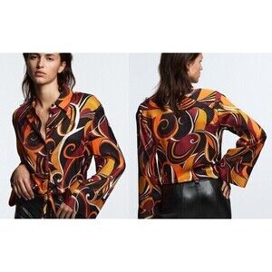 Zara Abstract Printed Tie Front Crop Button Up Blouse XS Gypsy Boho Colorful Top